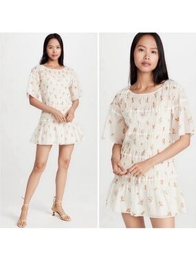 Rebecca Taylor Marigold Ines Floral Smocked Boho Short Sleeve Mini Dress S